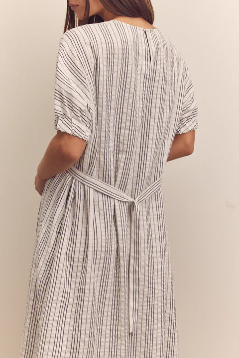 Amente Waist Shirring Midi Dress | Black/White Stripe