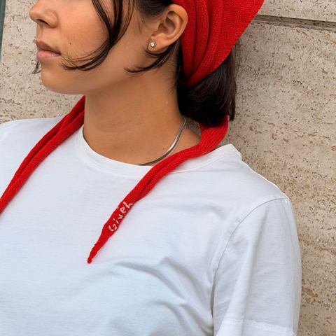 Givéh Red Lily Mini Scarf – handmade merino cashmere blend scarf with floral hand embroidery, red colourway, front view