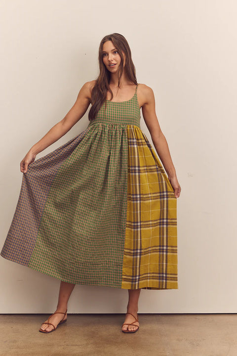 Amente Contrast Cami Dress in Mixed Print, checkered green, plaid, Long dress, flowy, aline, sleeveless