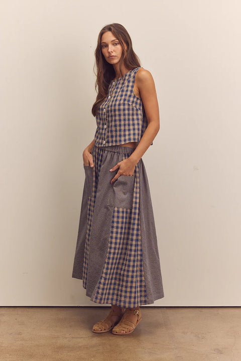 Amente Cotton Gingham Paneled Midi Skirt in Blue. Checkered midi skirt, paneled, flowy, with pockets