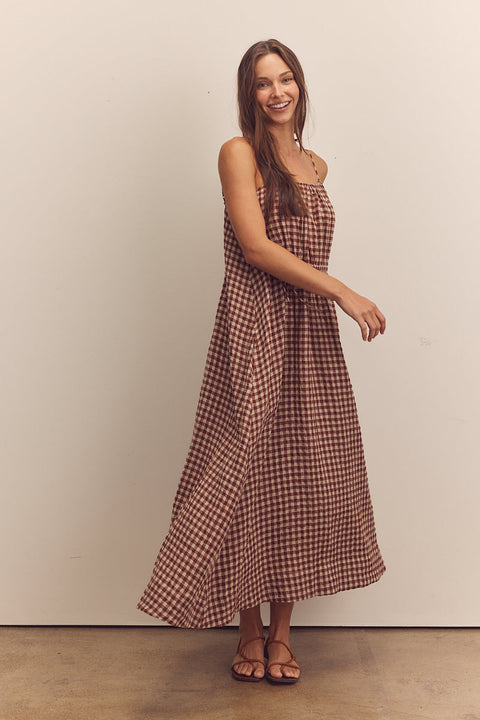 Amente Gingham Front Shirring Ankle Cami Dress in Brick. Long dress, flowy, aline, sleeveless, front tie