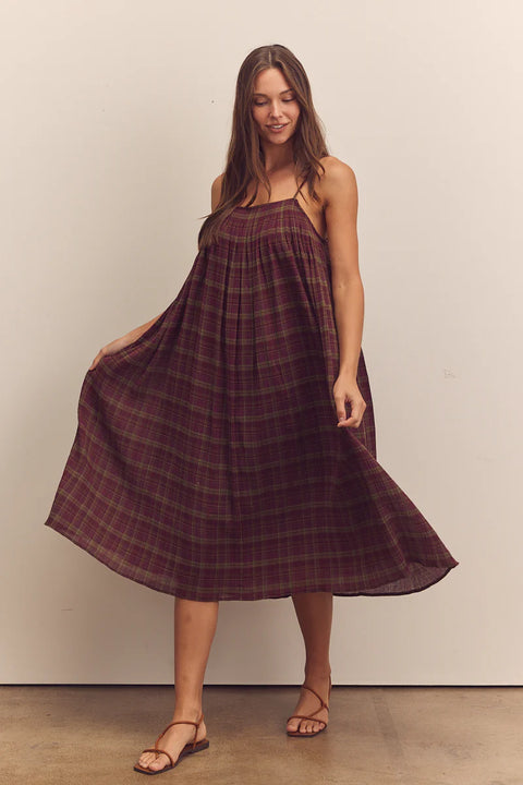 Amente, Pleated Cami Dress in Berry, Long dress, flowy, aline, sleeveless