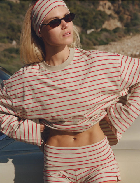 Apres June Striped Long Sleeve Tee in Cream with Blue and Raspberry – relaxed fit 95% cotton crewneck tee with dropped shoulder and rolled sleeves