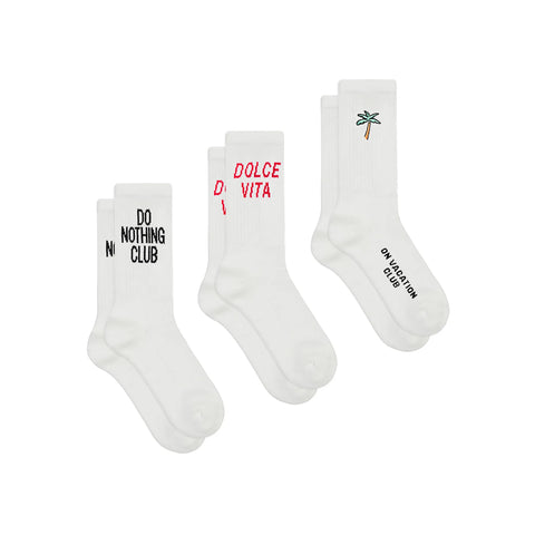 On Vacation All Time Favourites Sock 3-Pack - Flat Lay Showing Three Pairs of Organic Cotton Tennis Crew Socks