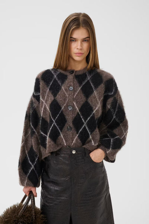 Gestuz Sida Cardigan in Black with Chestnut and Ivory — front view of argyle wool alpaca cardigan