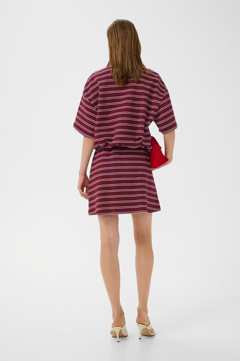Gestuz Pilova Skirt in Cabernet Stripe - straight-cut a-line knit skirt with single pleat detail and elasticated waist