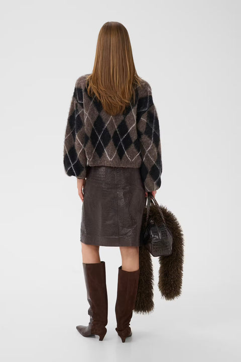 Gestuz Sida Cardigan Black Chestnut Ivory — back view of button-through argyle knit