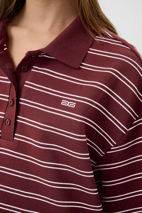 Gestuz Pilova Polo in Cabernet Stripe - boxy varsity-inspired polo with cinched hem, structured collar, and dropped shoulders