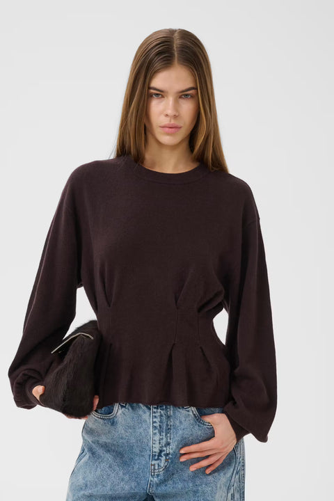 Gestuz Manzi Waist Pullover in Ganache — front view of wool peplum sweater with voluminous sleeves
