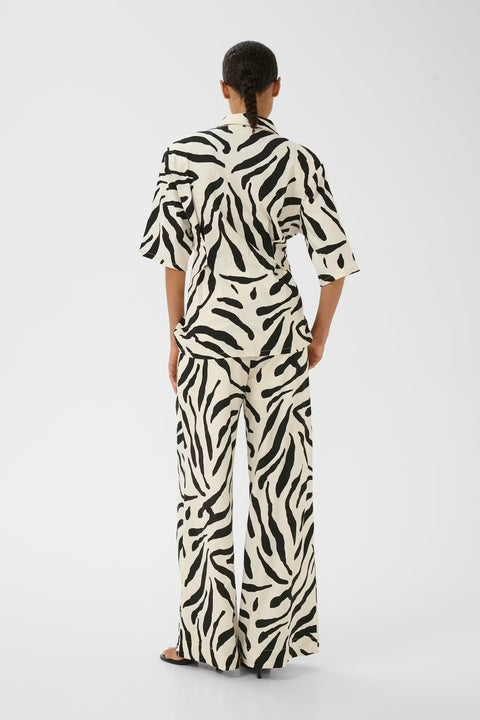 Gestuz Zeona Trousers in Zebra print - high-rise wide-leg viscose linen trousers with drawstring waistband, resort-ready statement piece