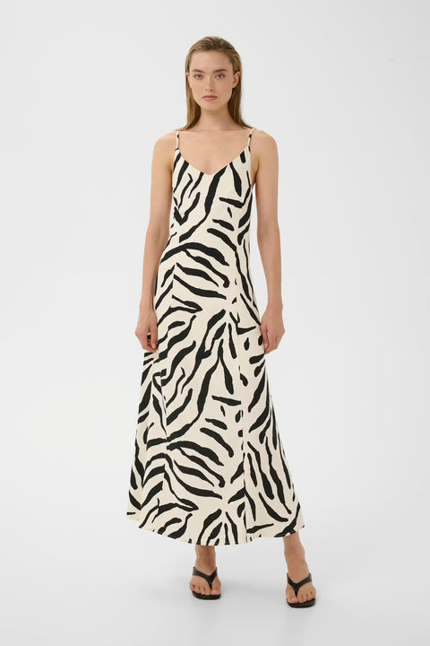 Gestuz Zeona Dress in Zebra print - ankle-length a-line viscose linen maxi dress with v-neckline and adjustable spaghetti straps