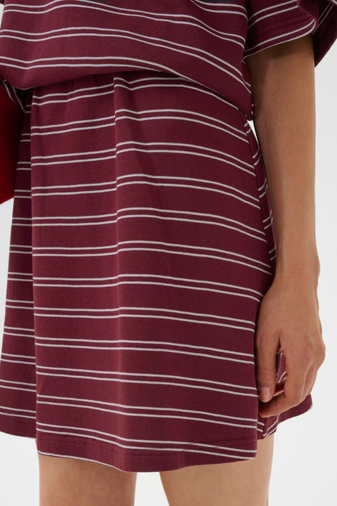Gestuz Pilova Skirt in Cabernet Stripe - straight-cut a-line knit skirt with single pleat detail and elasticated waist
