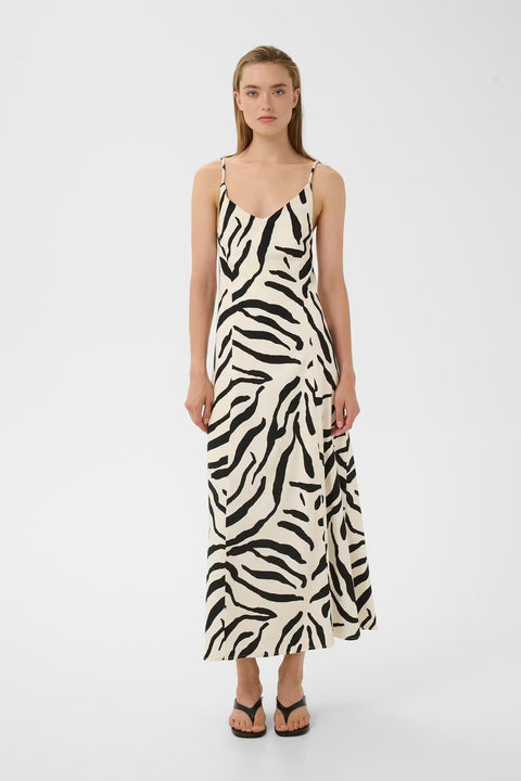 Gestuz Zeona Dress in Zebra print - ankle-length a-line viscose linen maxi dress with v-neckline and adjustable spaghetti straps