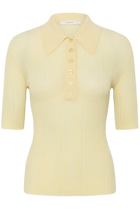 Gestuz Clene Polo Shirt in Frozen Dew Butter Yellow – women's ribbed polo with classic fit, pointed collar, button placket and elbow-length sleeves in a soft butter yellow