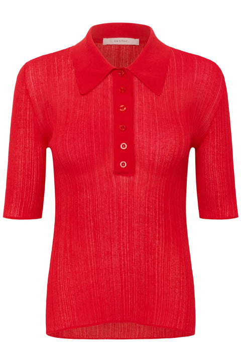 Gestuz Clene Polo Shirt in Tomato Red – women's ribbed polo with classic fit, pointed collar, button placket and elbow-length sleeves in a bold tomato red