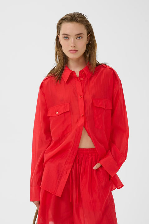 Gestuz Siora Shirt in Tomato - Women's Sheer Lyocell Button-Front Shirt with Classic Collar and Flap Chest Pockets