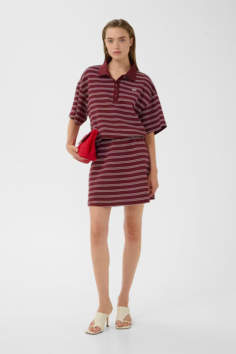 Gestuz Pilova Polo in Cabernet Stripe - boxy varsity-inspired polo with cinched hem, structured collar, and dropped shoulders