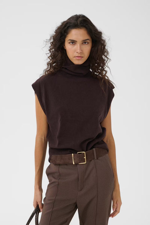 Gestuz Manzi Waistcoat in Ganache — front view of sleeveless turtleneck wool knit vest