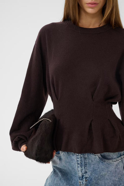 Gestuz Manzi Waist Pullover Ganache styled with tailored trousers — full outfit view