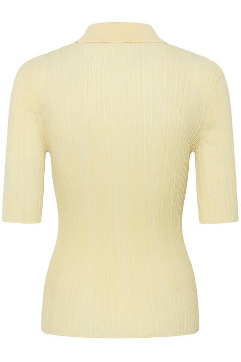Gestuz Clene Polo Shirt in Frozen Dew Butter Yellow – women's ribbed polo with classic fit, pointed collar, button placket and elbow-length sleeves in a soft butter yellow