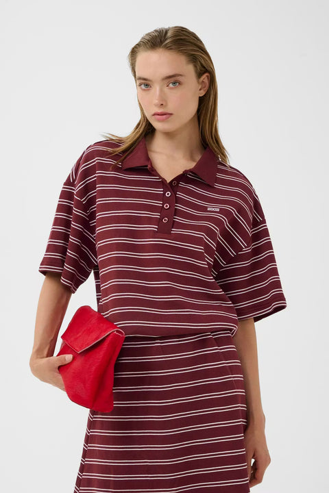 Gestuz Pilova Polo in Cabernet Stripe - boxy varsity-inspired polo with cinched hem, structured collar, and dropped shoulders