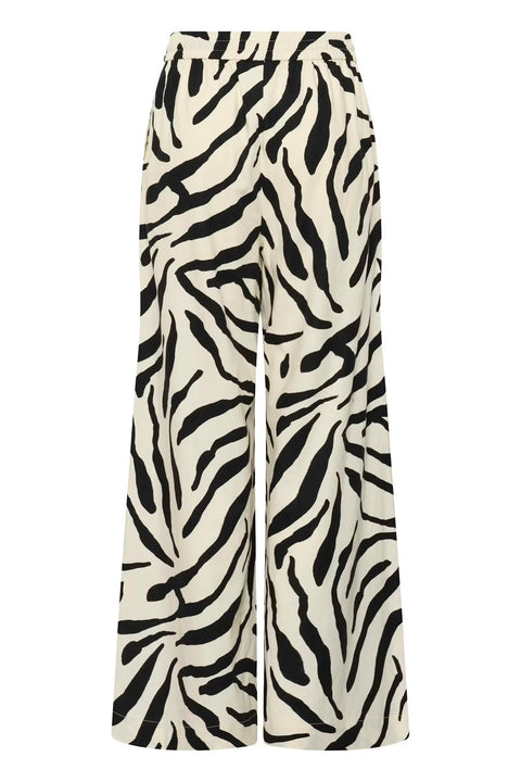 Gestuz Zeona Trousers in Zebra print - high-rise wide-leg viscose linen trousers with drawstring waistband, resort-ready statement piece