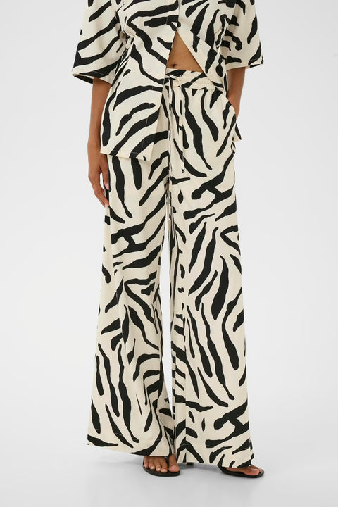 Gestuz Zeona Trousers in Zebra print - high-rise wide-leg viscose linen trousers with drawstring waistband, resort-ready statement piece