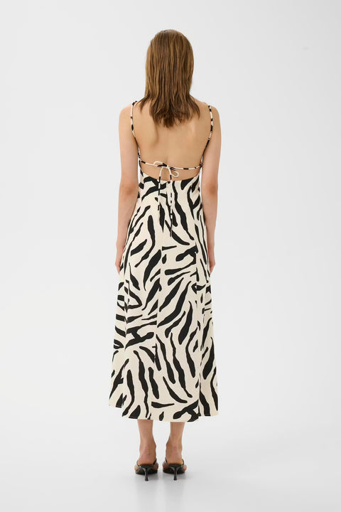 Gestuz Zeona Dress in Zebra print - ankle-length a-line viscose linen maxi dress with v-neckline and adjustable spaghetti straps
