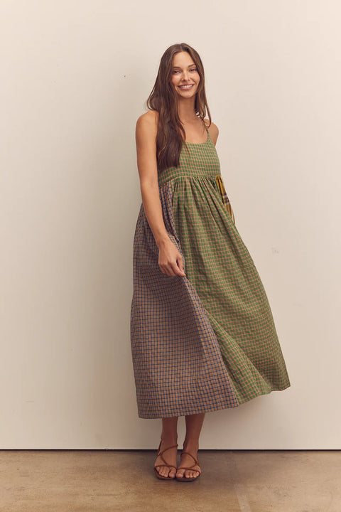 Amente Contrast Cami Dress in Mixed Print, checkered green, plaid, Long dress, flowy, aline, sleeveless