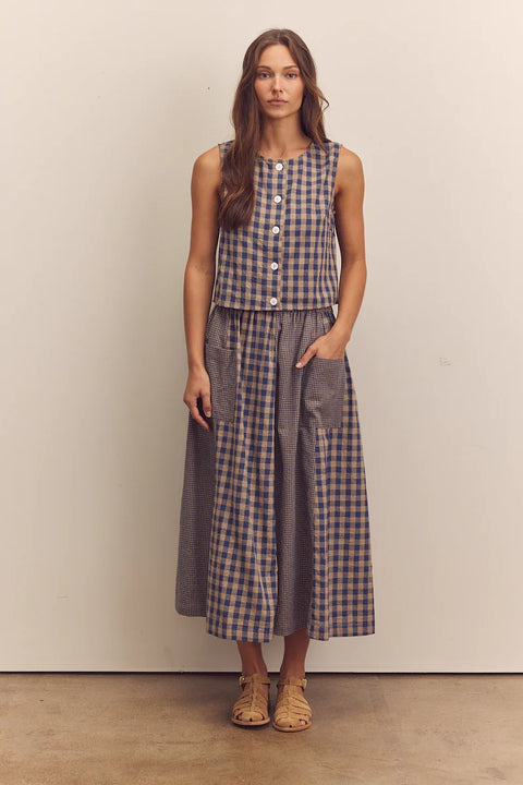 Amente Cotton Gingham Paneled Midi Skirt in Blue. Checkered midi skirt, paneled, flowy, with pockets