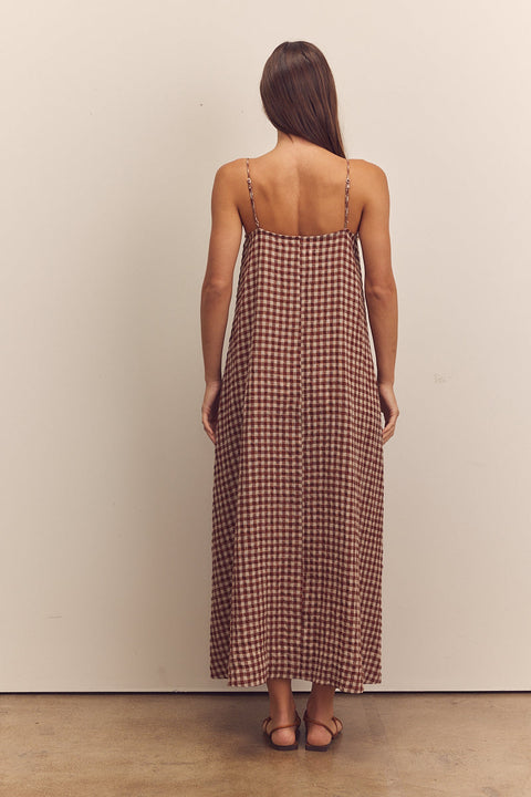 Amente Gingham Front Shirring Ankle Cami Dress in Brick. Long dress, flowy, aline, sleeveless, front tie