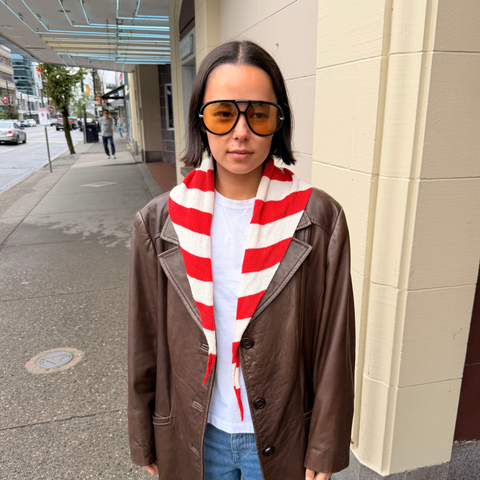 Givéh Red Stripe Lily Mini Scarf – handmade striped merino cashmere scarf with floral embroidery, red stripe colourway, front view