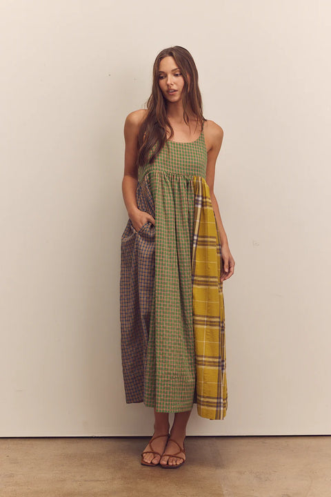 Amente Contrast Cami Dress in Mixed Print, checkered green, plaid, Long dress, flowy, aline, sleeveless