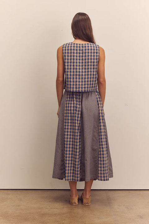 Amente Cotton Gingham Paneled Midi Skirt in Blue. Checkered midi skirt, paneled, flowy, with pockets