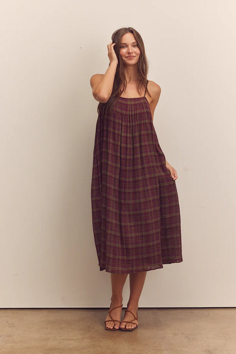 Amente, Pleated Cami Dress in Berry colour, Long dress, flowy, aline, sleeveless