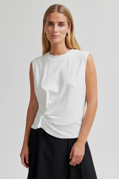 Second Female Missouri Top in White - Women's Gathered Sleeveless Lyocell Cotton Tee with Draped Front and Deep Armholes