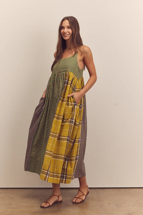 Amente Contrast Cami Dress in Mixed Print, checkered green, plaid, Long dress, flowy, aline, sleeveless