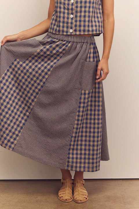 Amente Cotton Gingham Paneled Midi Skirt in Blue. Checkered midi skirt, paneled, flowy, with pockets