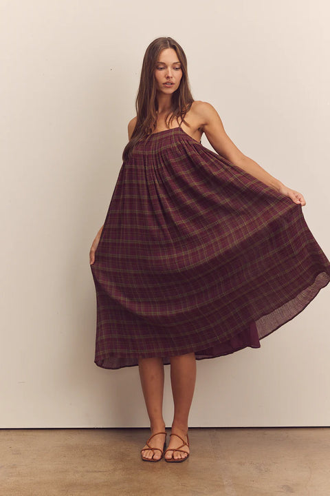Amente, Pleated Cami Dress in Berry colour, Long dress, flowy, aline, sleeveless