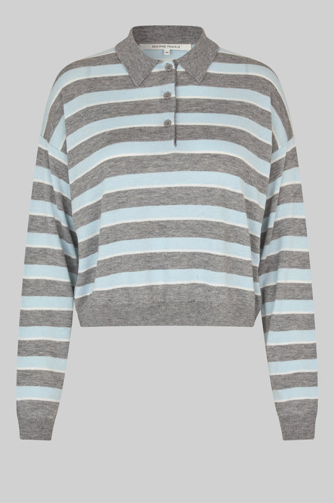 Second Female Miley Knit Rugby Collar | Light Blue & Grey Stripe