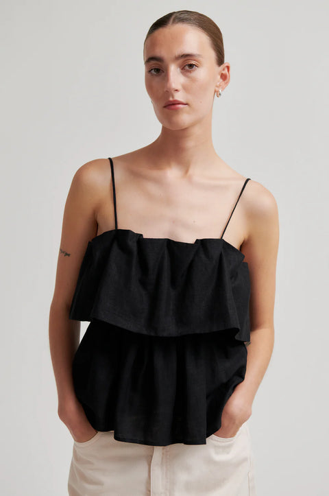 Second Female Aie Top in Black - Women's Tiered Linen Viscose Top with Frilled Bust and Adjustable Shoulder Straps