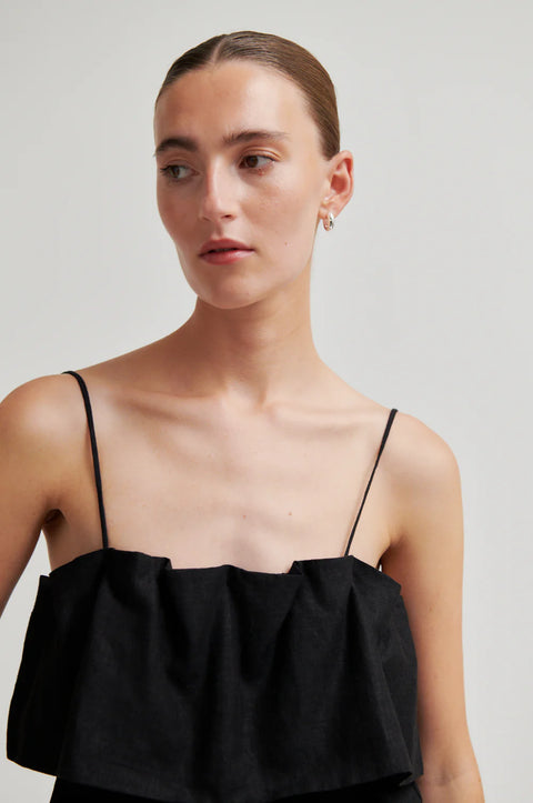 Second Female Aie Black Top - Back View of Women's Sleeveless Linen Viscose Tiered Summer Top
