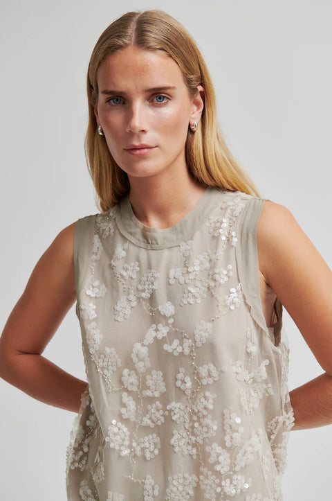 Second Female Salema Plaza Taupe Dress - Back View with Zip Fastening and Raw Edge Contrast at Neckline