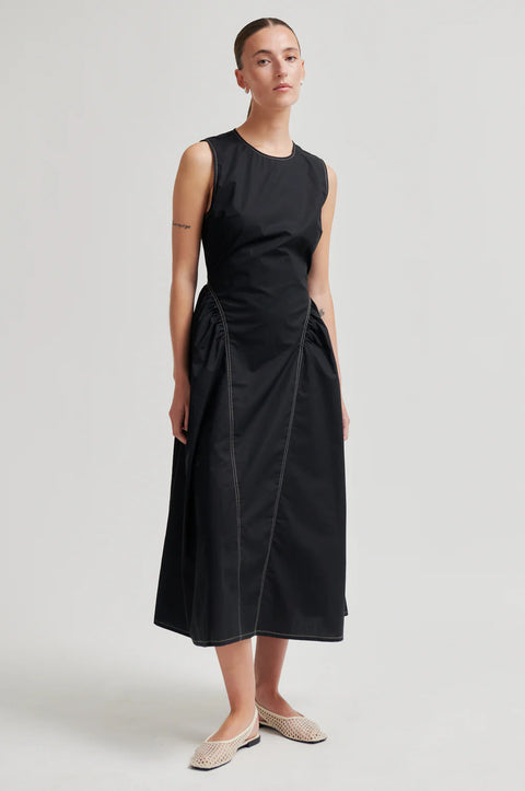 Second Female Larkini Sculptured Dress in Black - Women's Sleeveless Organic Cotton Dress with Gathered Hips and Zip Back