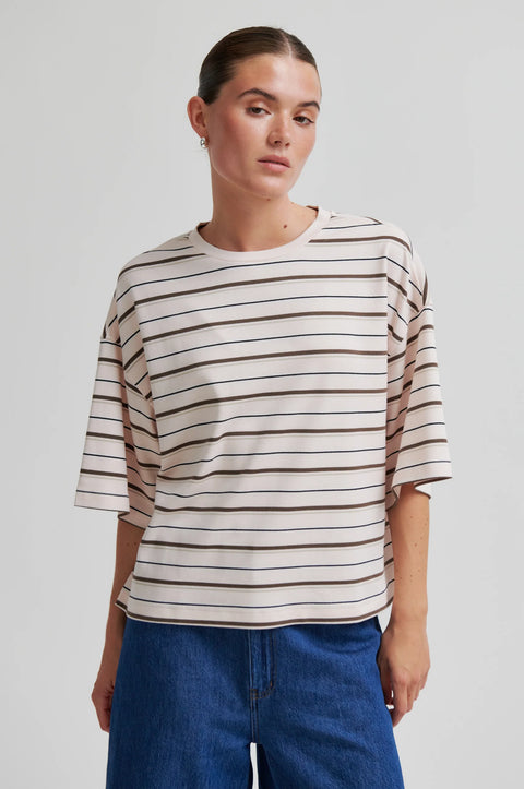 Second Female Missie Tee in Crystal Pink - Women's Boxy Striped Lyocell Cotton T-Shirt with Round Neckline and Dropped Shoulders