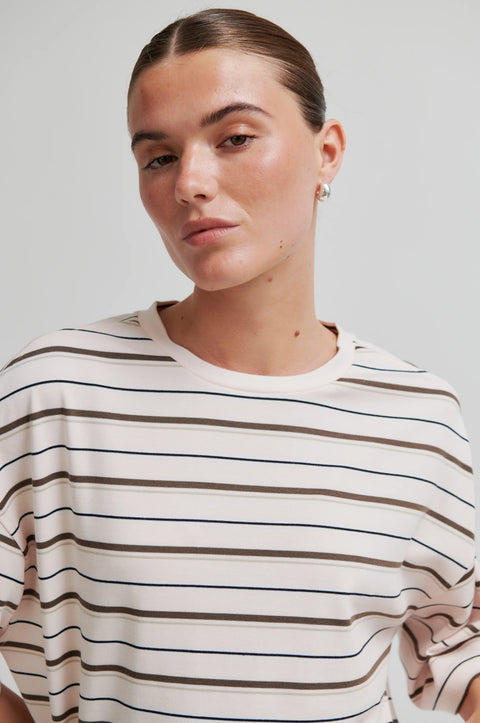 Second Female Missie Tee Crystal Pink - Side View of Women's Boxy Striped Tee Showing Relaxed Fit and Short Sleeves