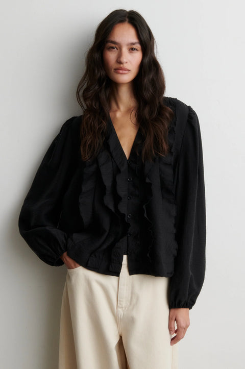 Second Female Rayna Frill Blouse in Black - Women's Long Sleeve Crinkled Lyocell Nylon Blouse with Ruffle Front Detailing and Elasticated Cuffs
