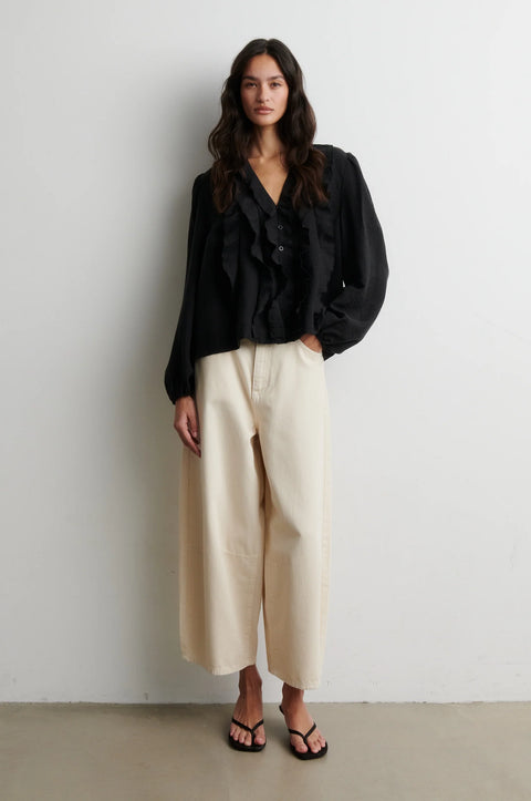 Second Female Rayna Black Blouse - Back View Showing Clean Smooth Back and Contrast to Ruffle Front