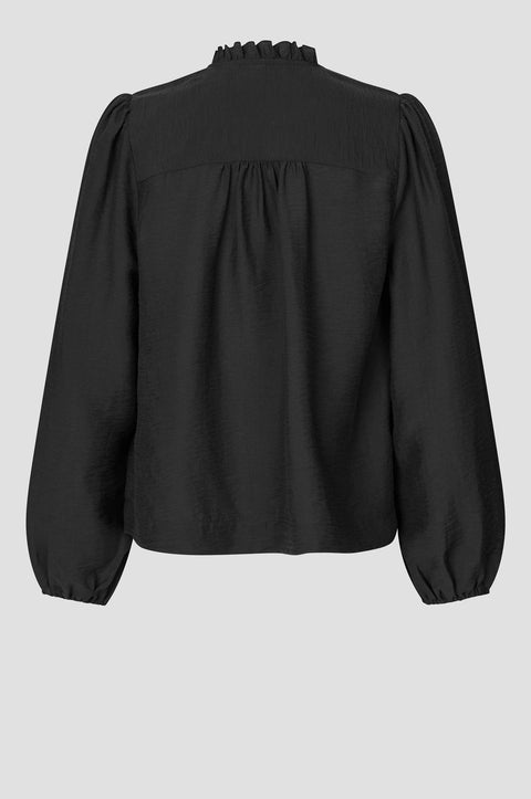 Second Female Rayna Frill Blouse Black - Styled Autumn Shot of Women's Versatile Ruffle-Front Long Sleeve Blouse