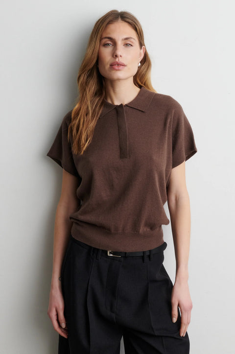 Second Female Claro Knit Polo in Carafe - Women's Short Sleeve 100% Wool Polo with Classic Collar, Concealed Button Fastening and Ribbed Finishing